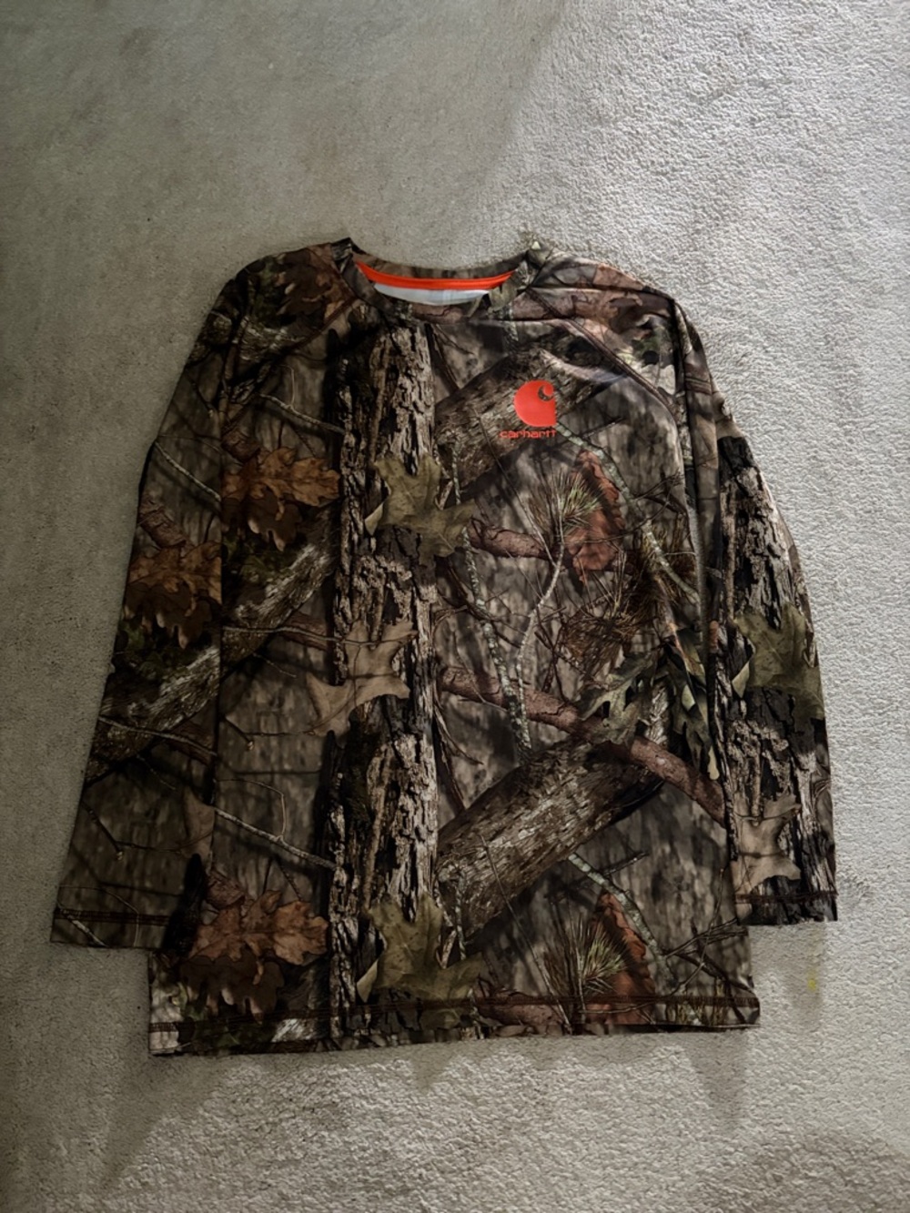 Carhartt Realtree-Style Camouflage Long Sleeve Shirt with Orange Logo